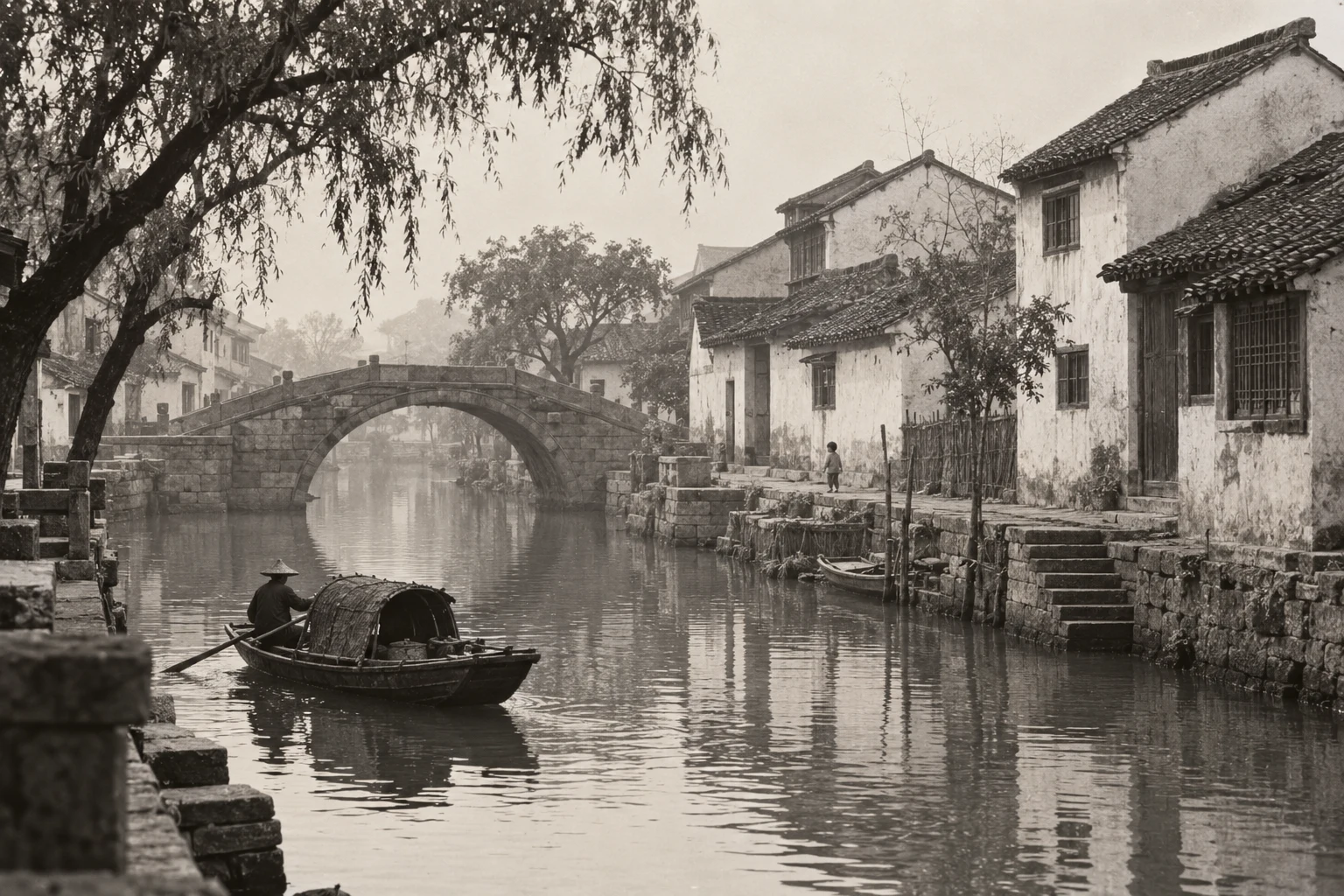 江南水乡的桥与河道，虚构童年场景
